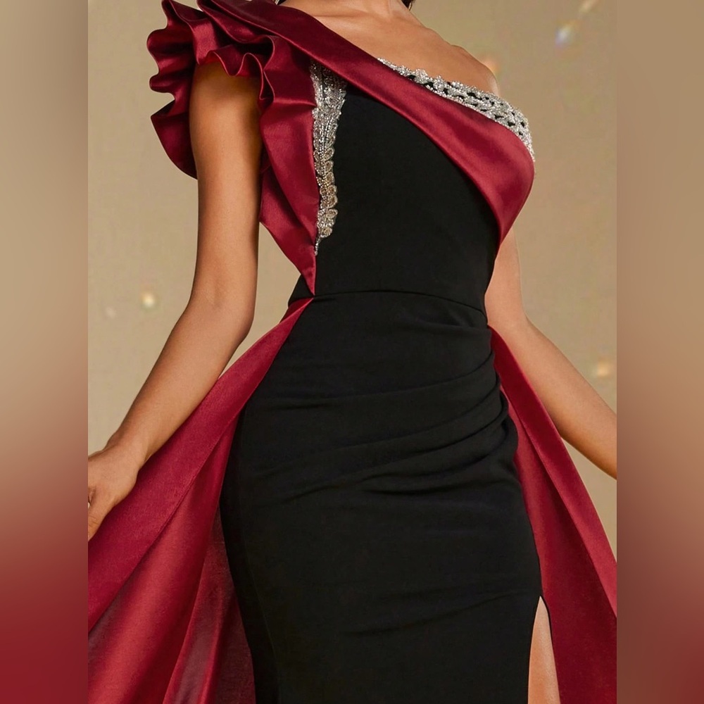 Smilprince Asymmetrical Neck High Slit FloorLength Gown Burgundy Size XL 12 - 14 - Picture 7 of 16